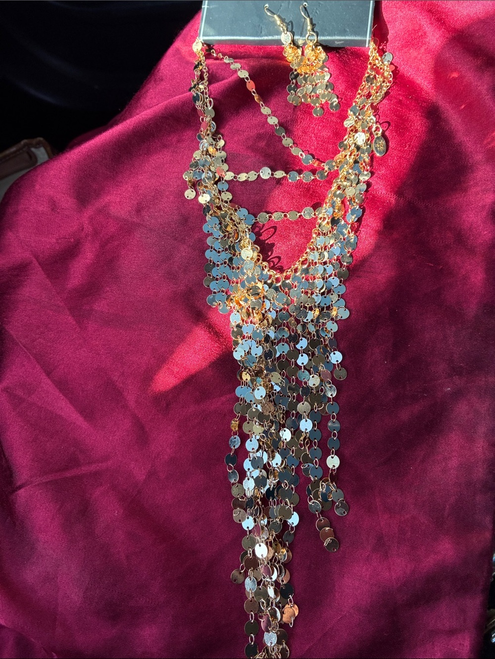 Gold Sequin Cascade Layered Necklace with Matching Earrings